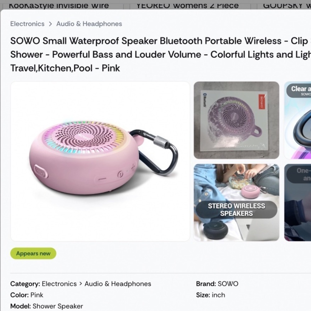 SOWO Portable Bluetooth Speaker Waterproof Wireless Shower Clip Pink LED Light